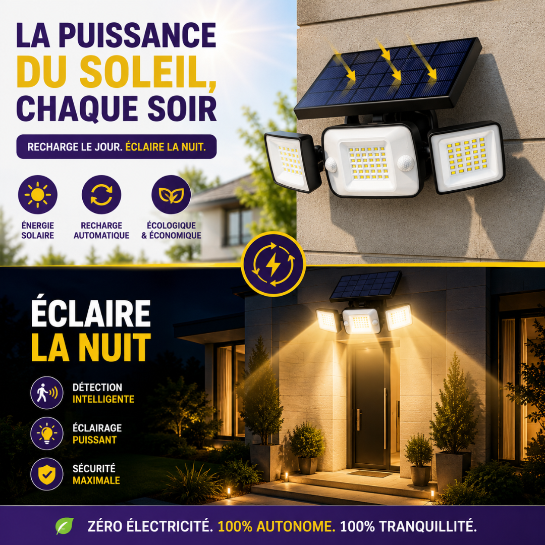 TriLum™ — Projecteur solaire 3 têtes anti zones d'ombre